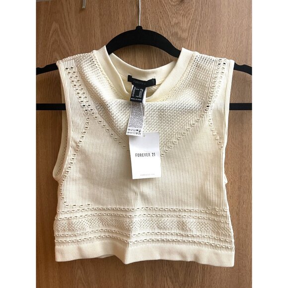 Forever21 Tops - Forever 21 Pointelle Knit Crop Top Textured Cream Beige White Sleeveless Size M